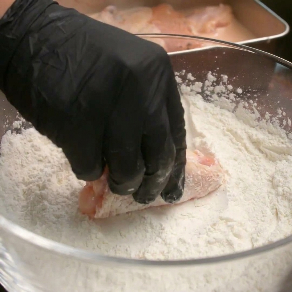 Une main gantée farinant un morceau de poulet cru dans un bol rempli de mélange de farine.