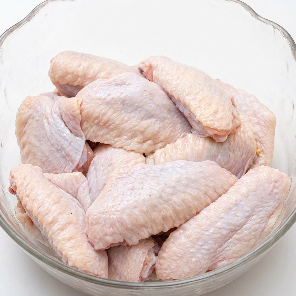 Ailes de poulet assaisonnées avec des tranches de gingembre visibles dans un bol en verre.