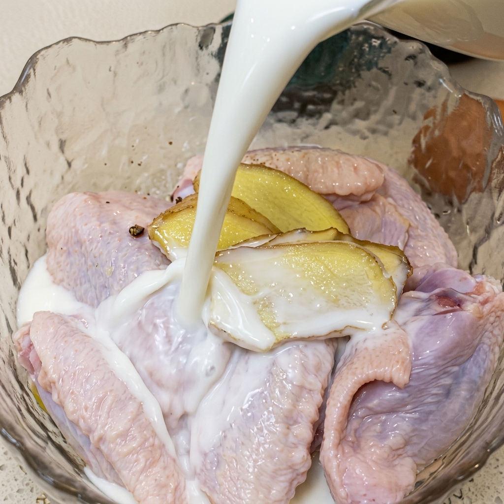 Du lait versé dans un bol contenant des ailes de poulet assaisonnées.
