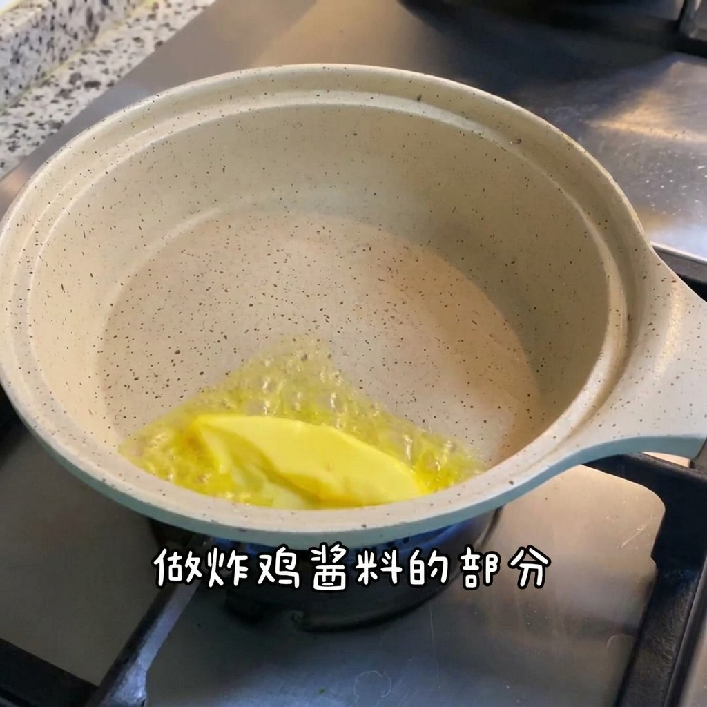 Une petite poêle avec du beurre, du fromage et les ingrédients de la sauce en cours de cuisson.