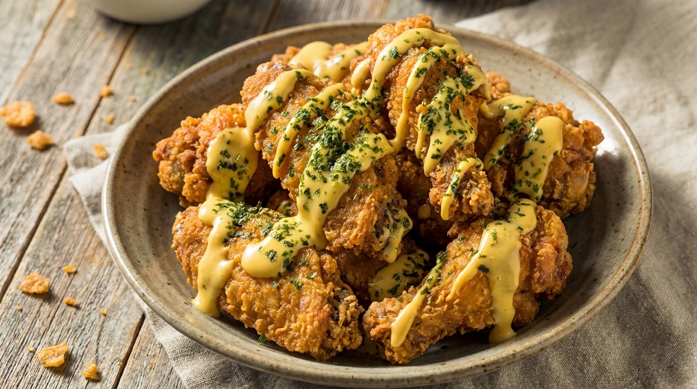 Poulet frit au miel, moutarde et fromage