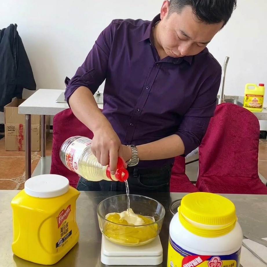 Gros plan sur les ingrédients de la sauce miel-moutarde fouettés ensemble dans un bol en verre sur une balance de cuisine.