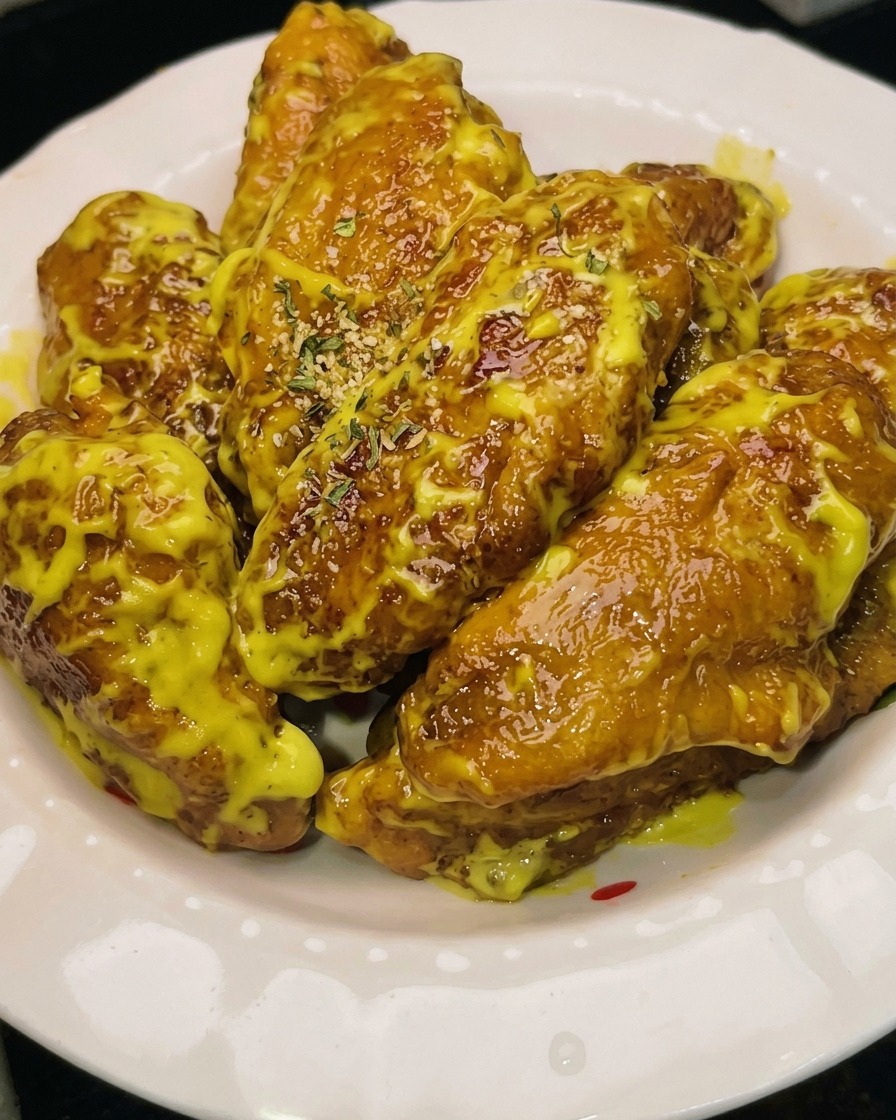 Ailes de poulet entièrement recouvertes dune pâte épaisse et lisse.