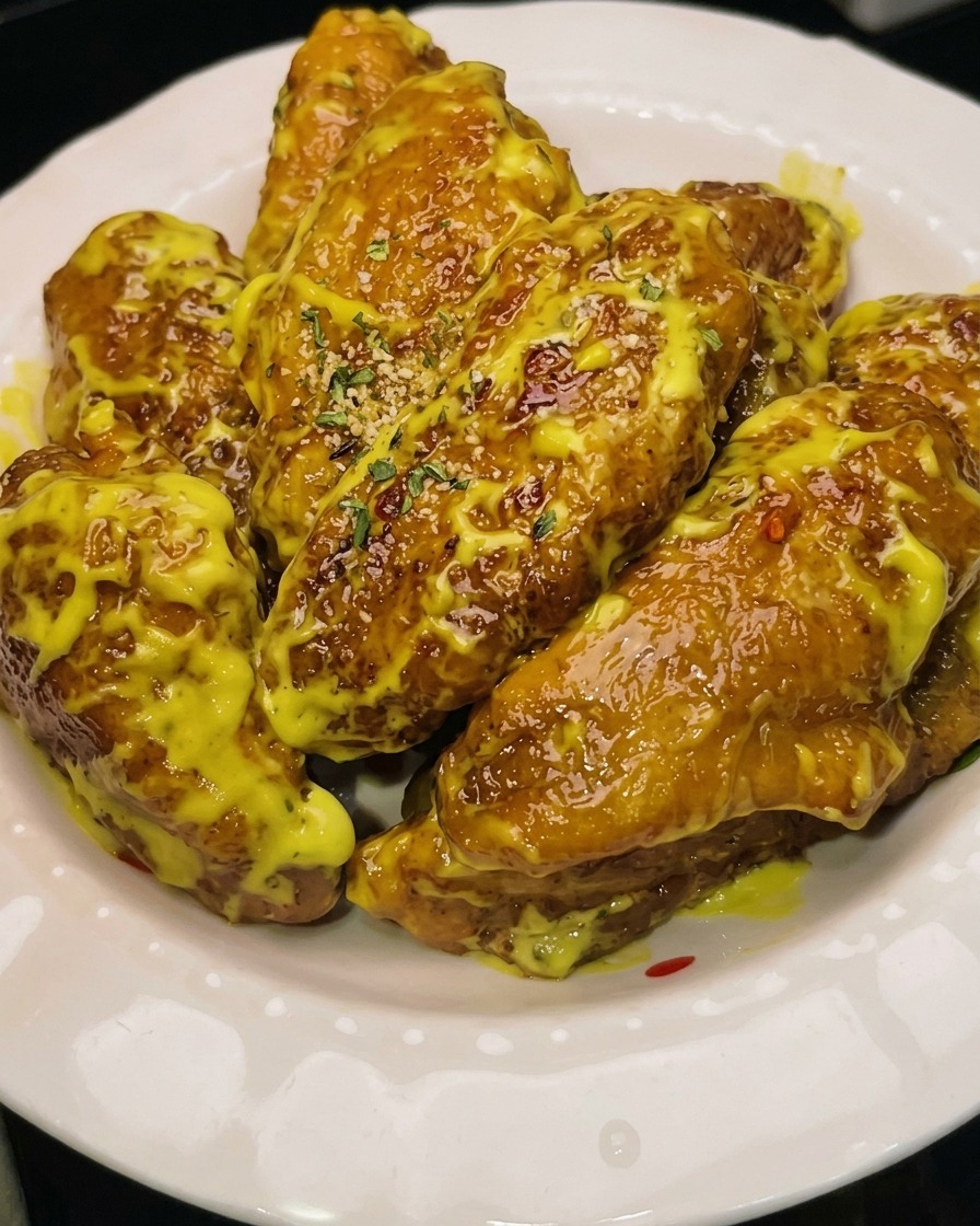 Ailes de poulet enrobées de pâte en train de frire dans une poêle remplie dhuile chaude et bouillonnante.