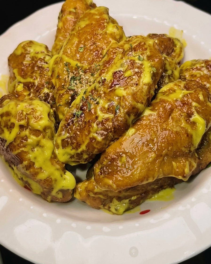 Moutarde au miel, mayonnaise et une pointe de wasabi fouettées ensemble dans un bol.