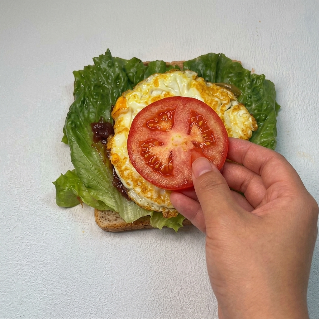 Une tranche de tomate fraîche et rouge placée sur lœuf au plat à lintérieur du sandwich.