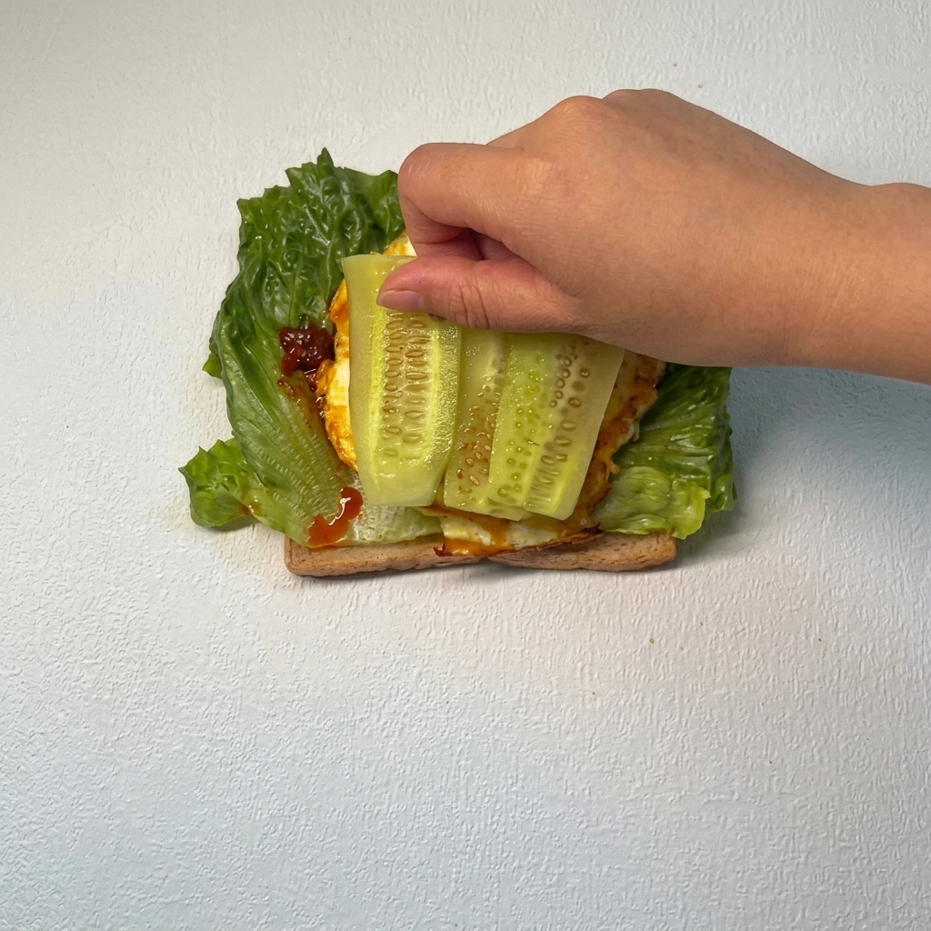 Trois rondelles de concombre frais disposées soigneusement sur la tranche de tomate.