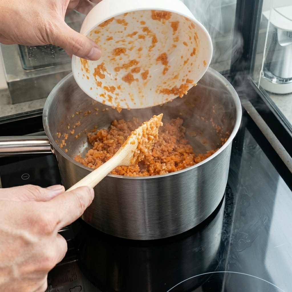 Carottes hachées ajoutées à la casserole avec les oignons cuits.