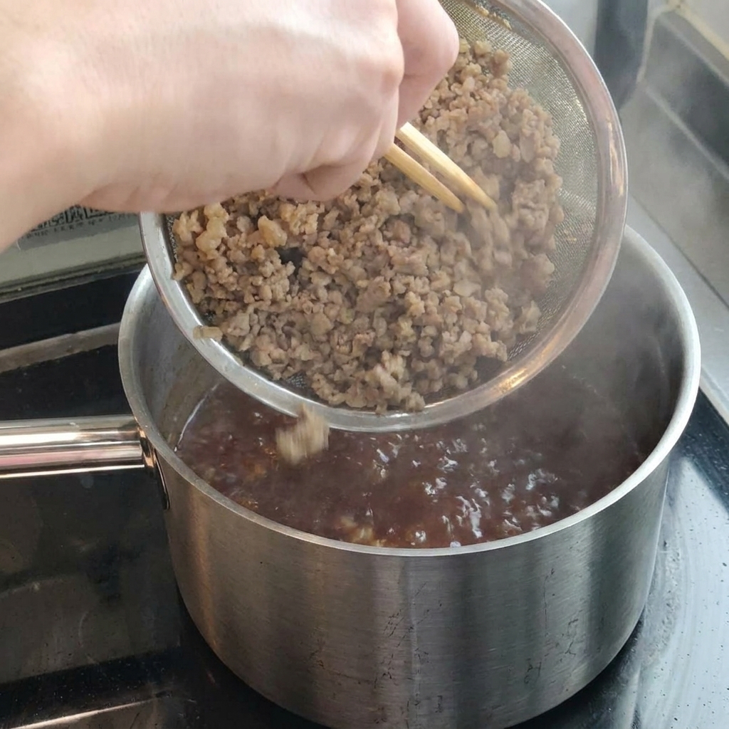 Porc haché cuit ajouté dans la sauce bouillonnante.