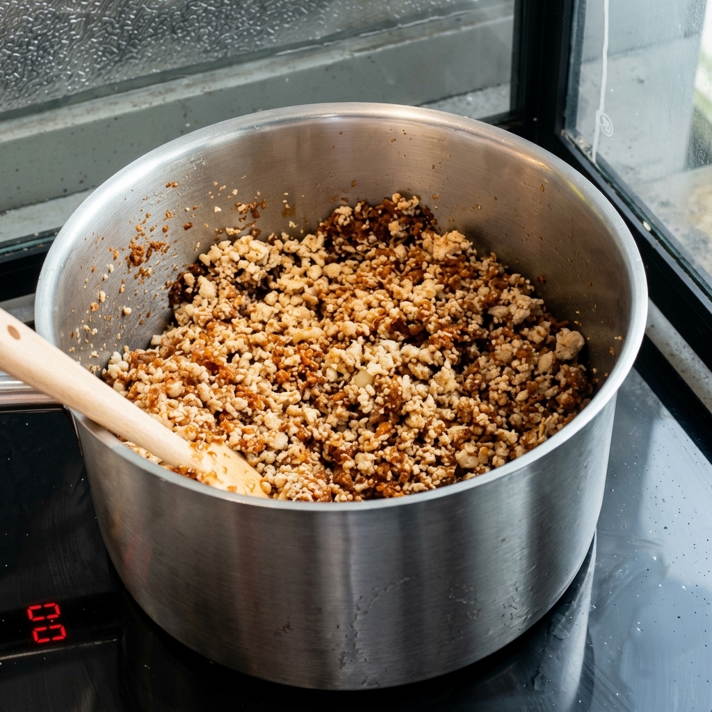 Casserole de sauce viande mijotant avec de leau, montrant une texture épaisse.