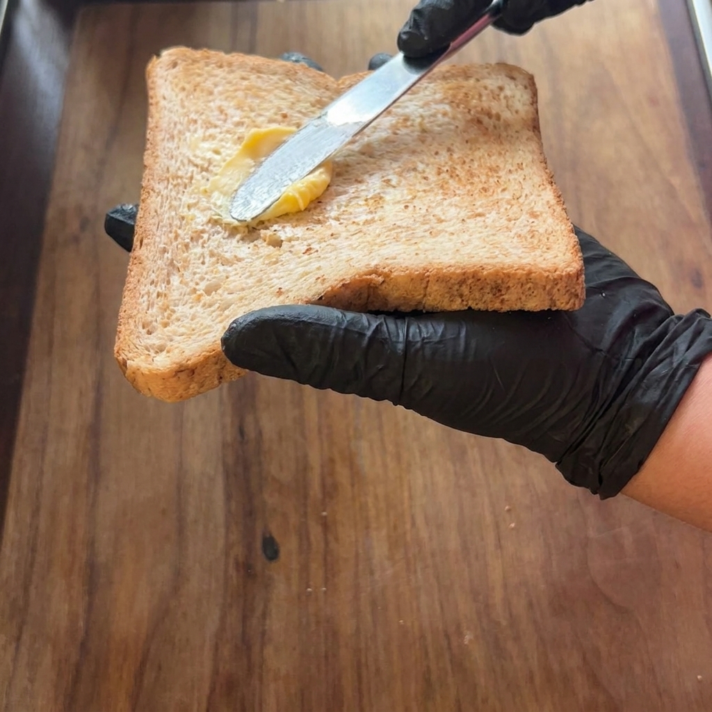 Deux tranches de pain étalées de beurre avec un couteau.