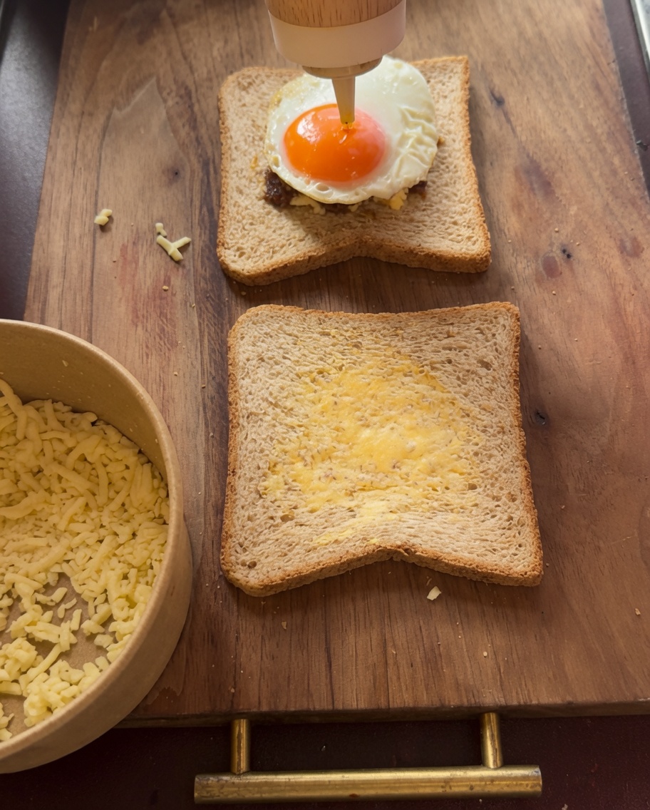 Sauce moutarde filetée sur lœuf au plat du sandwich assemblé.