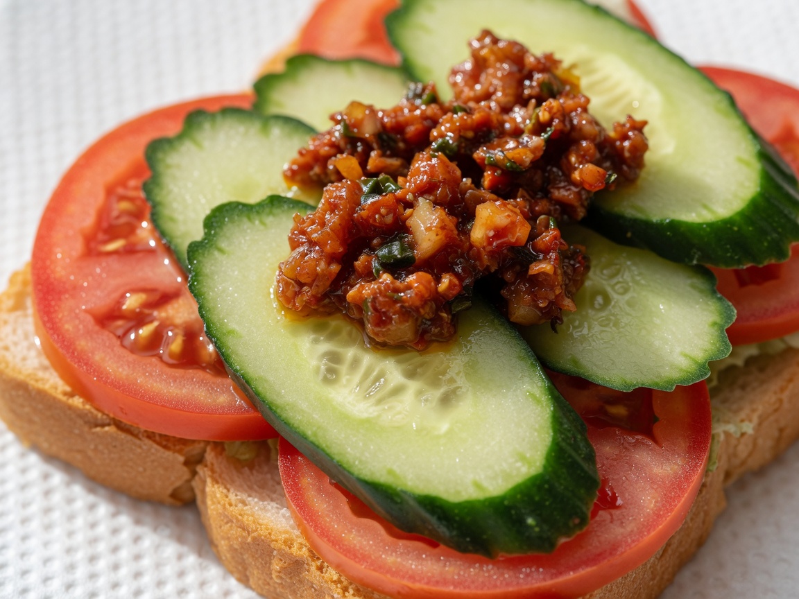 Une cuillère de sauce à la viande étalée sur les légumes sur le pain.