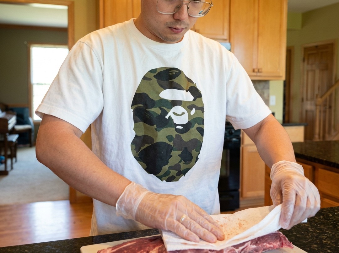 Un pinceau appliquant un mélange de sauce jaune épicée sur la surface de travers de porc crus.