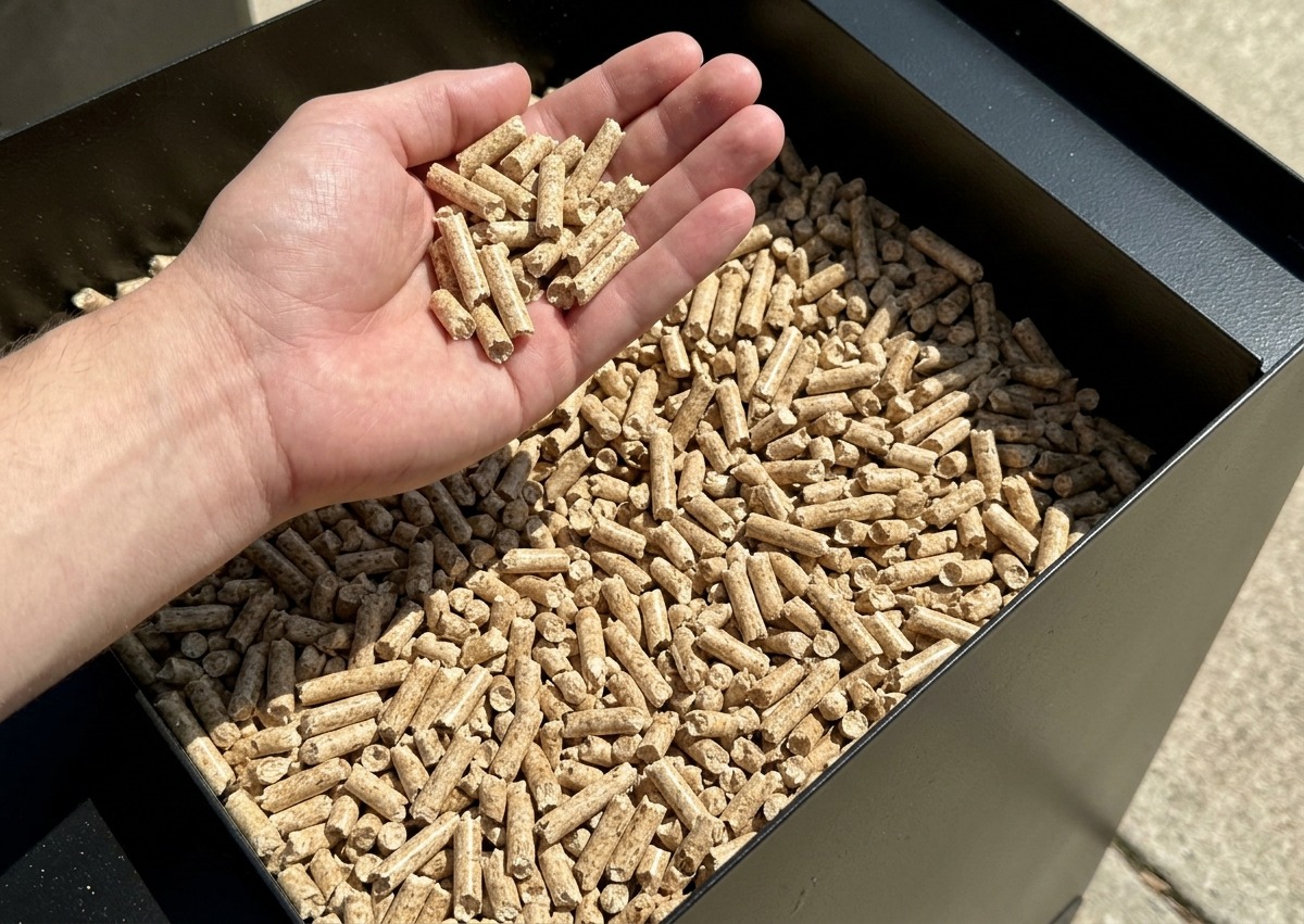 Une main tenant une poignée de granulés de bois au-dessus de la trémie dun fumoir.