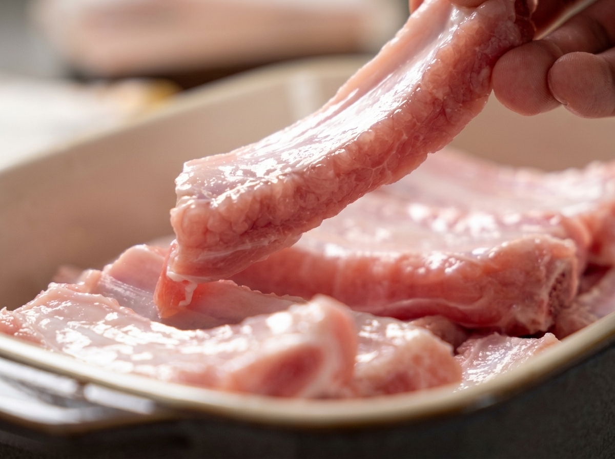 Travers de porc crus en train dêtre épongés avec du papier absorbant.