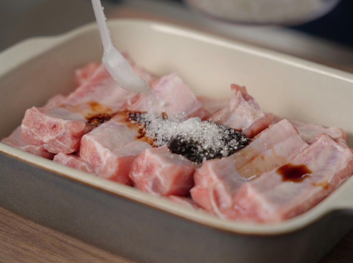 Travers de porc crus dans un plat de cuisson en train dêtre assaisonnés avec diverses sauces et aromates.