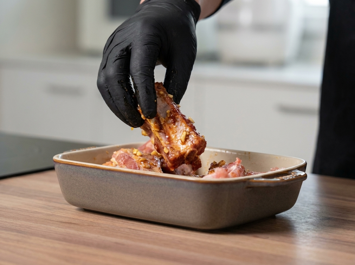 Travers de porc crus assaisonnés en train dêtre mélangés à la main pour bien les enrober.