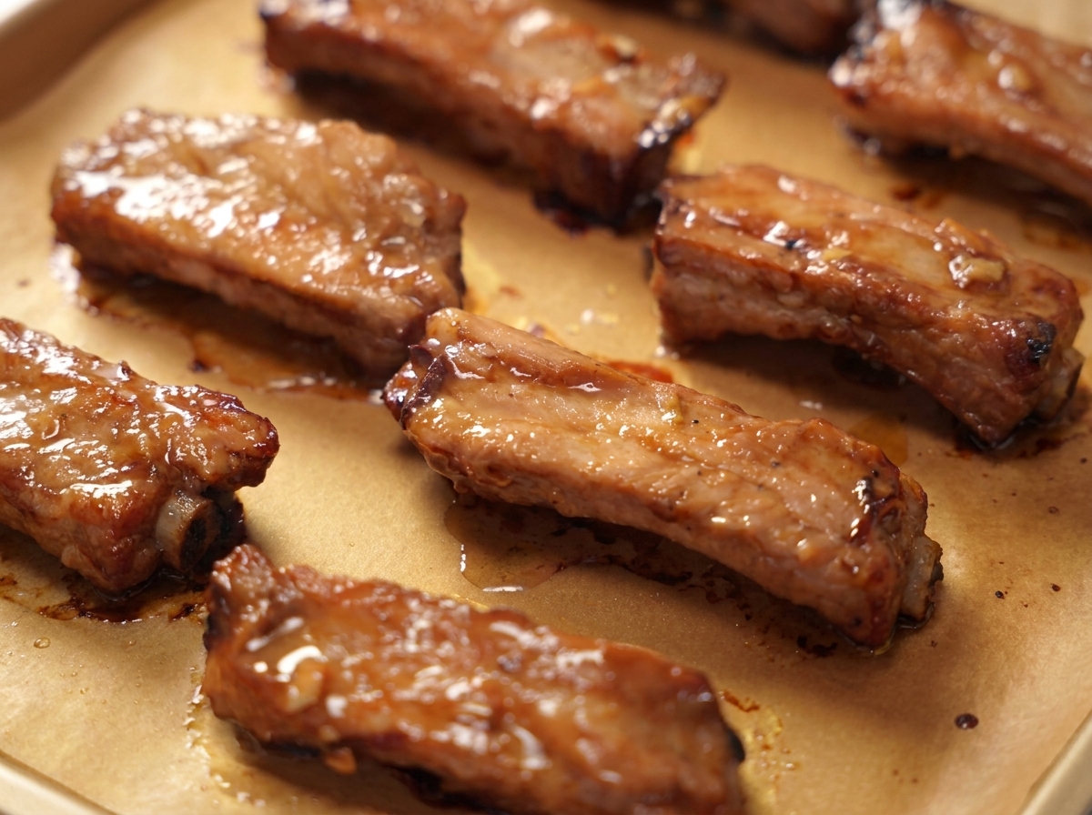 Huile de cuisson pulvérisée sur les travers de porc rôtis sur une plaque de cuisson.