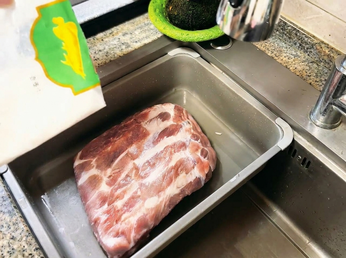 Farine blanche versée sur des travers de porc crus dans un évier en acier inoxydable.
