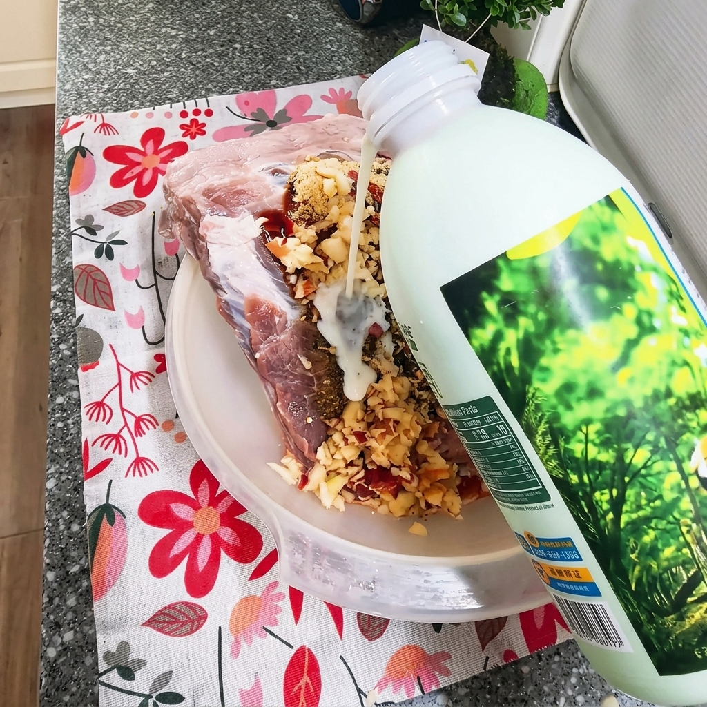 Lait versé dune bouteille dans un bol contenant les travers de porc crus marinés.