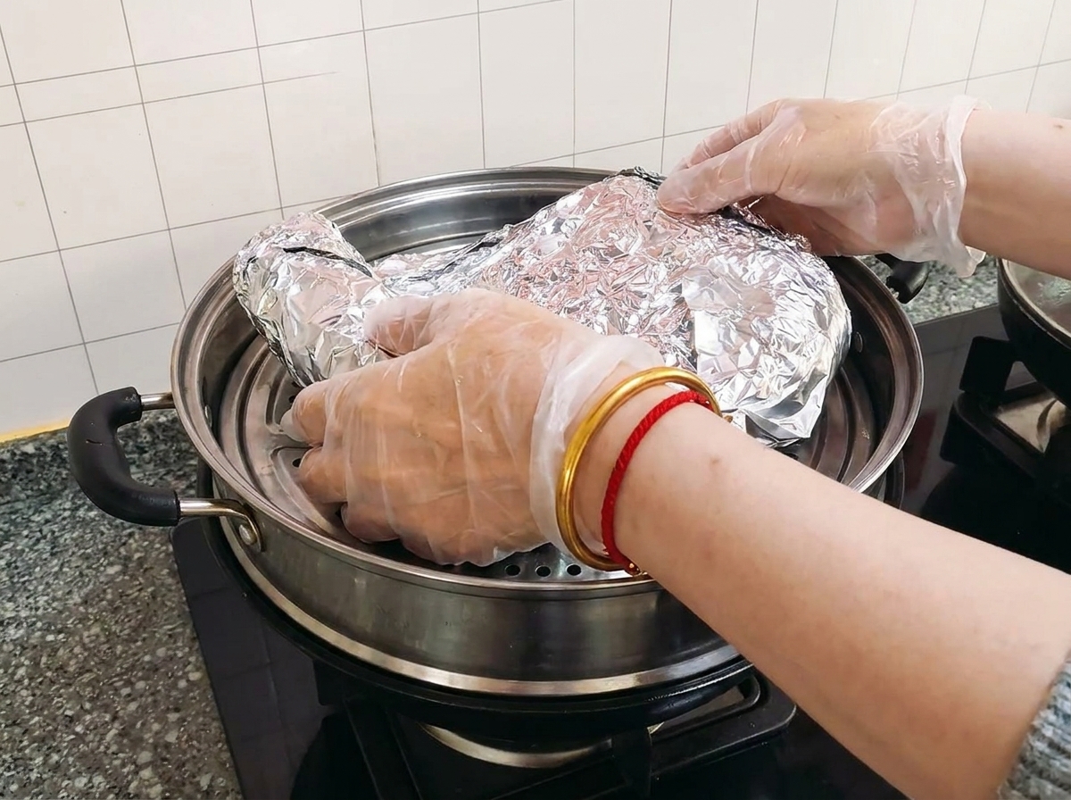 Travers emballés dans de laluminium placés sur un insert vapeur dans une grande marmite.