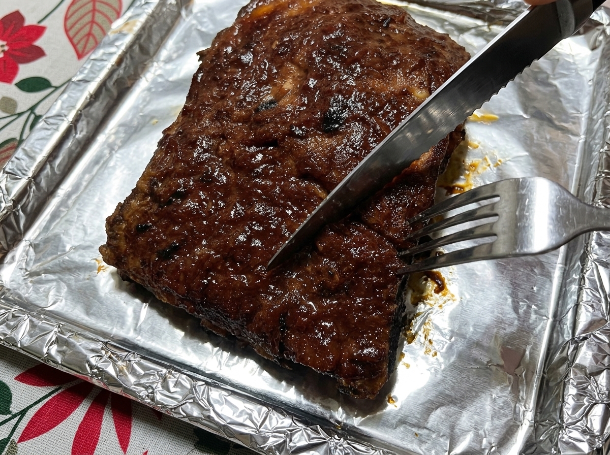 Un couteau et une fourchette coupant un morceau de travers de porc rôti doré sur une plaque de cuisson.