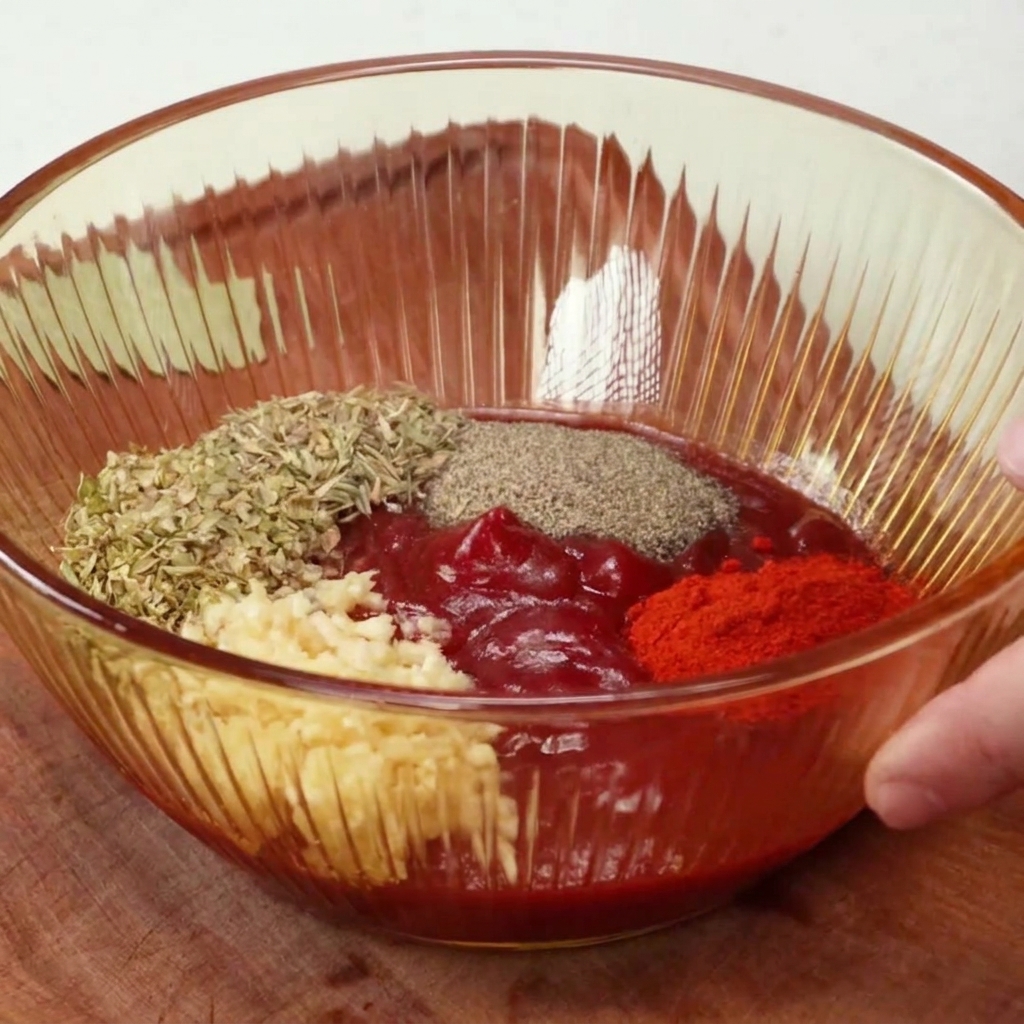 Un bol mélangeur en verre contenant une base rouge épaisse de ketchup garnie dail émincé, dorigan séché, de poivre noir et de paprika en poudre.