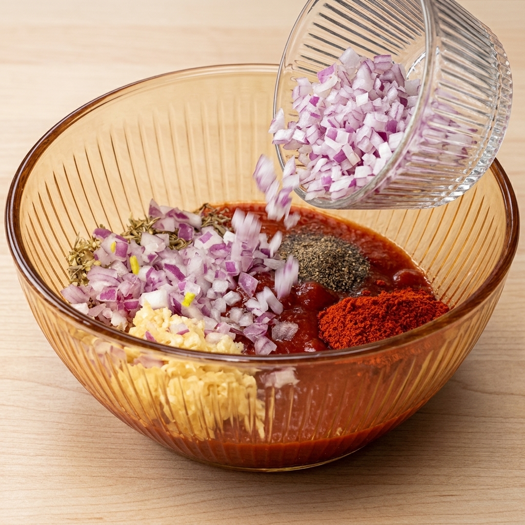 Des oignons rouges finement hachés étant versés dun petit bol en verre dans un plus grand bol contenant la base de la marinade.