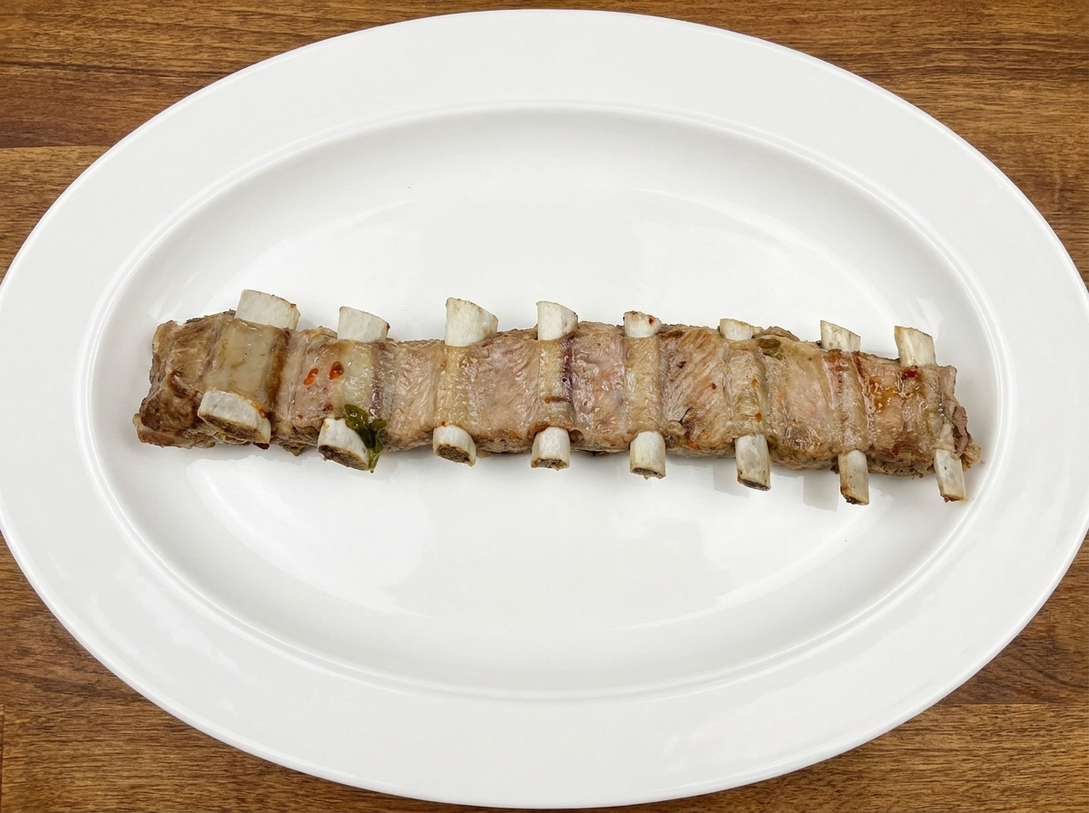 Une plaque de cuisson de travers de porc caramélisés et collants tout juste sortis du four.