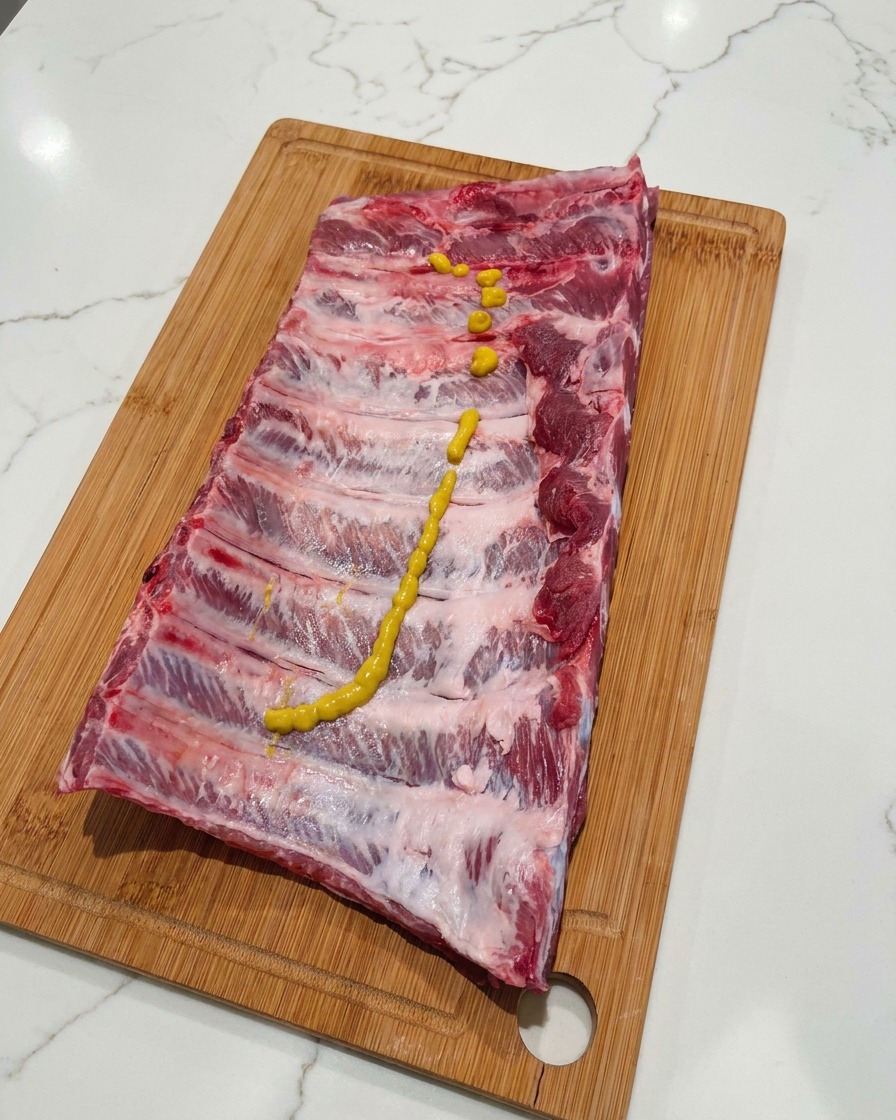 Un trait de moutarde jaune étalé sur un rack de travers de porc cru posé sur une planche en bois.