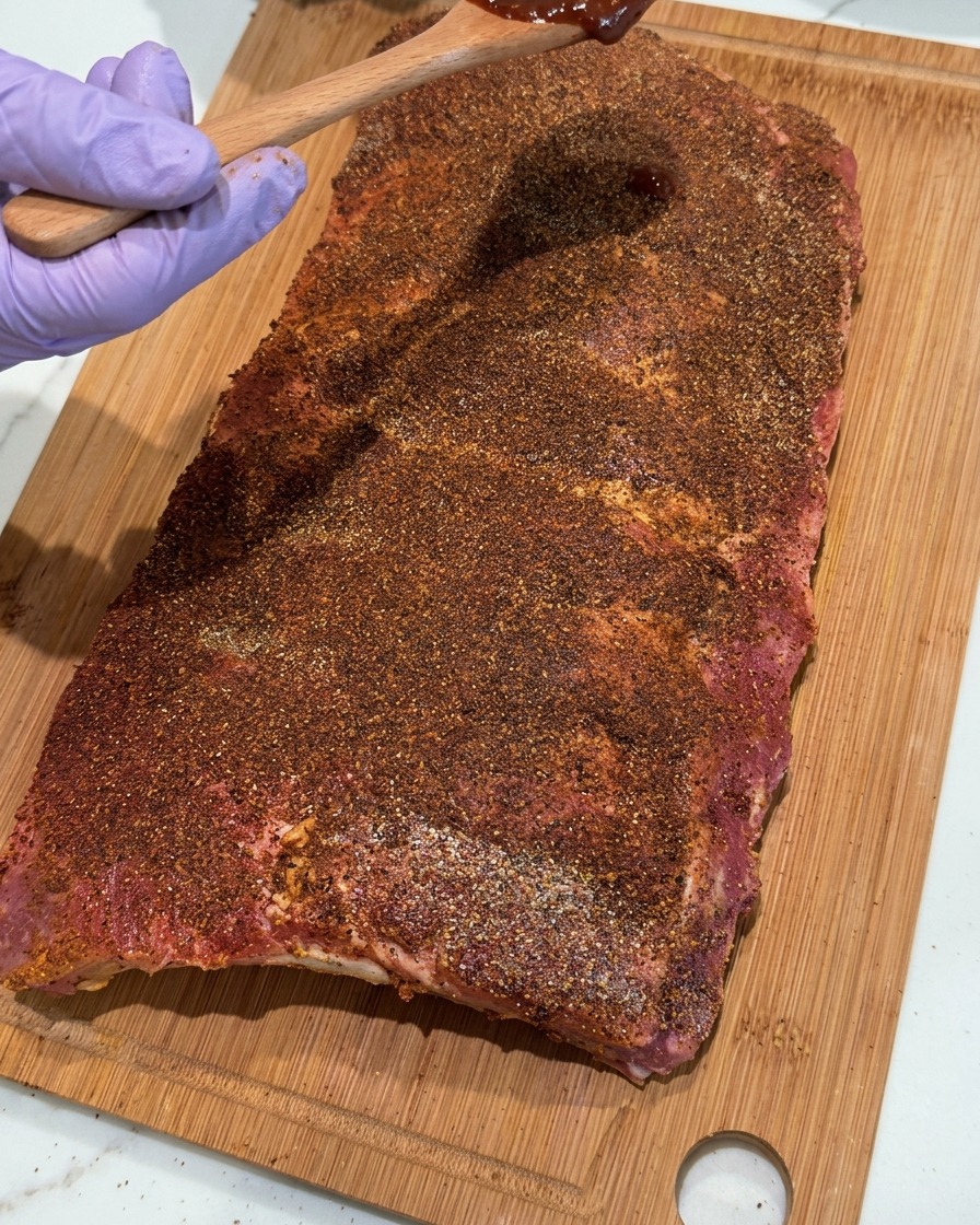 Une main gantée utilisant une cuillère en bois pour étaler une sauce barbecue sombre sur un rack de travers de porc épicé.