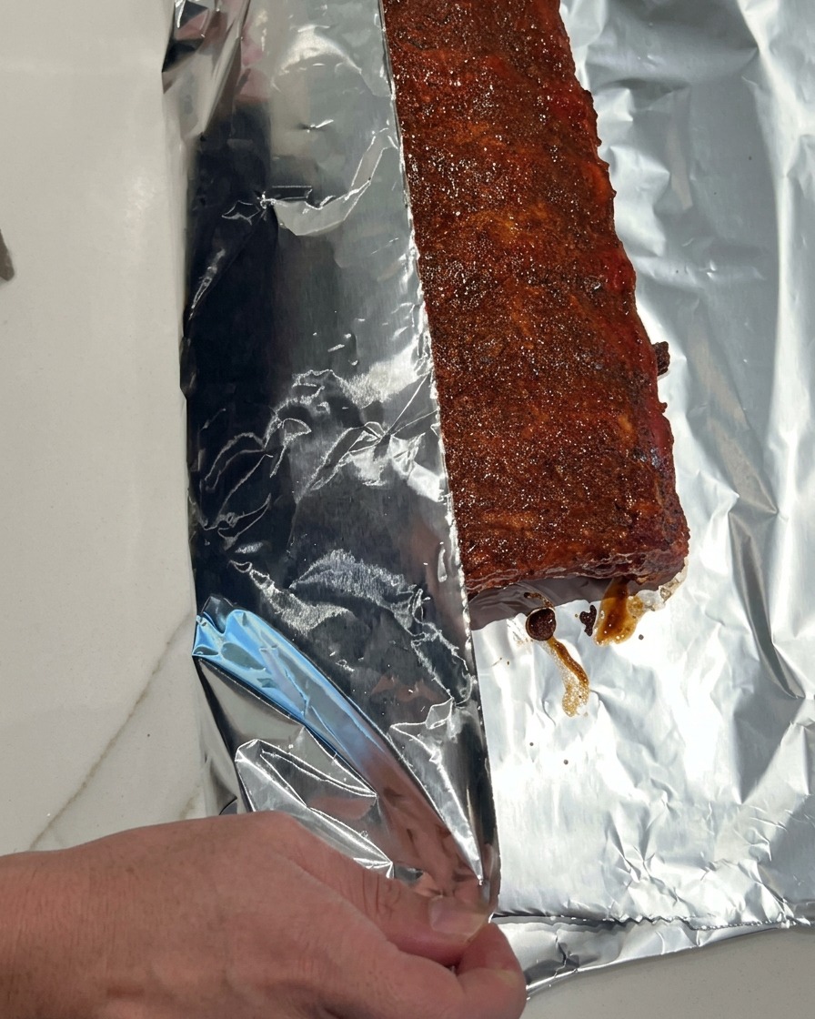 Une main repliant soigneusement une grande feuille daluminium autour dun rack de travers de porc sauce pour sceller le tout.