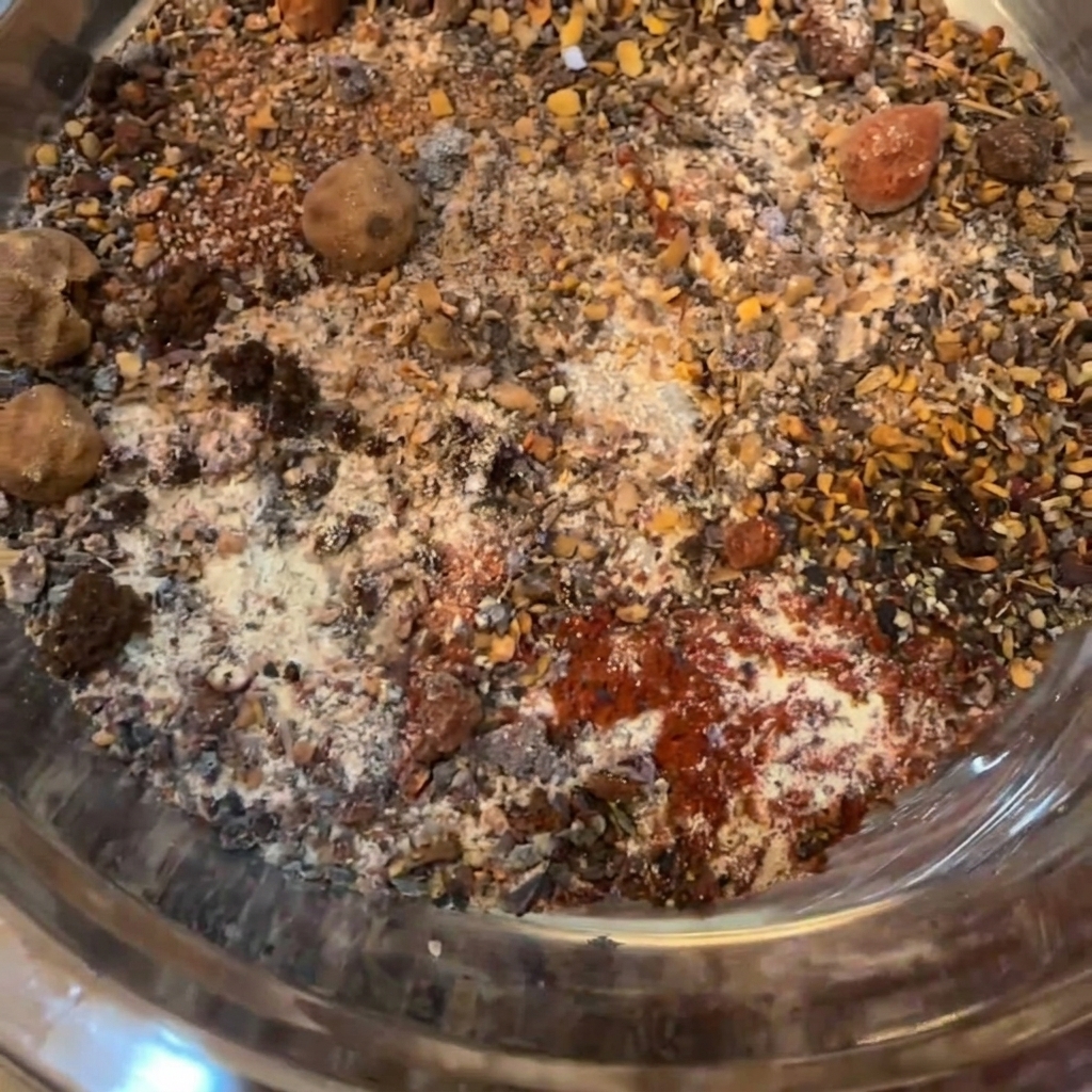 Une fourchette dans un bol en inox mélangeant diverses épices en poudre et du sucre roux.