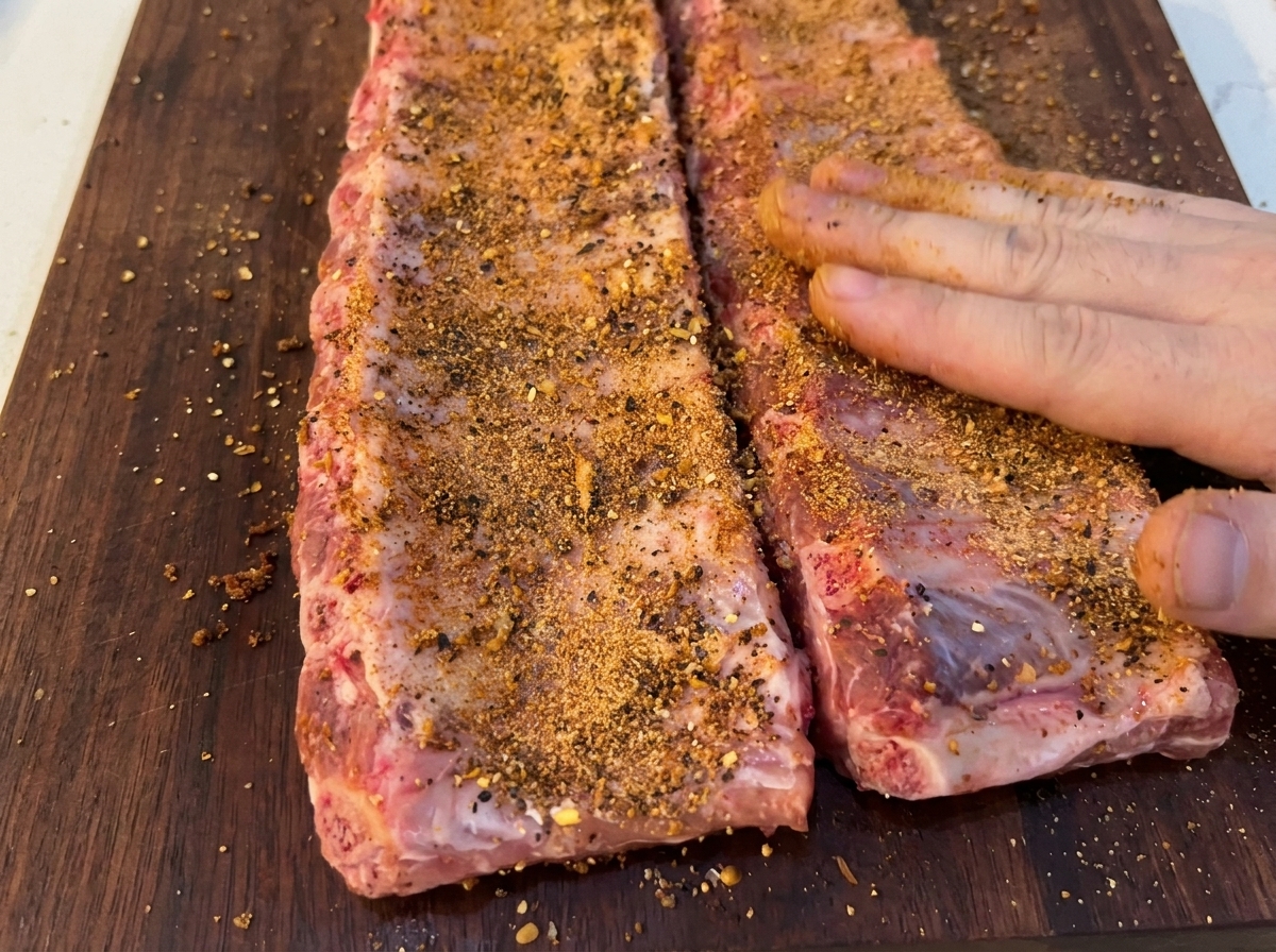 Mains massant le mélange dépices foncé sur des travers de porc crus sur une planche en bois.