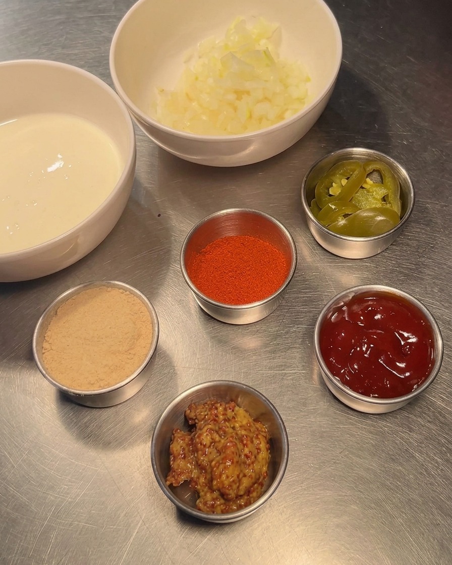 Un récipient en métal contenant 200g de mayonnaise et un peu de crème.