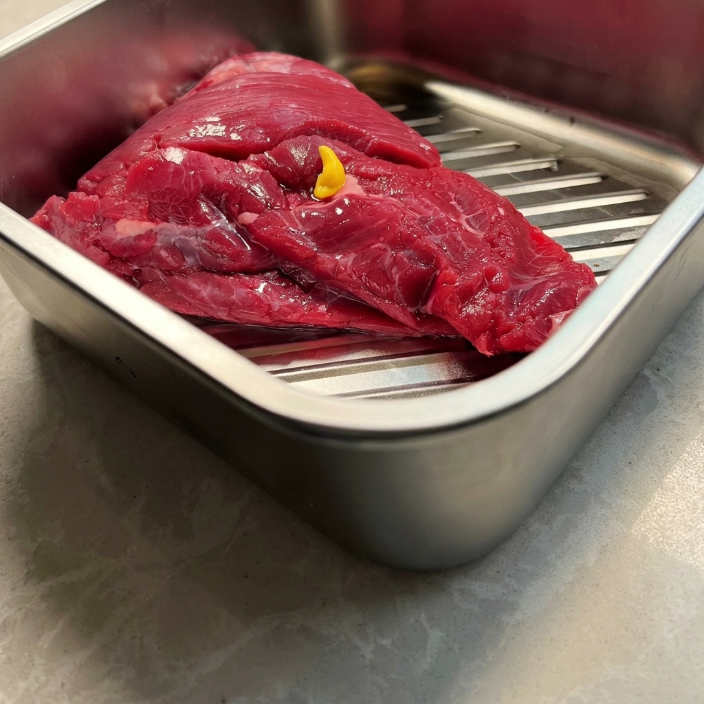 Gros plan sur une poitrine de bœuf crue dans un plateau en métal, avec une noisette de moutarde jaune étalée sur la surface.