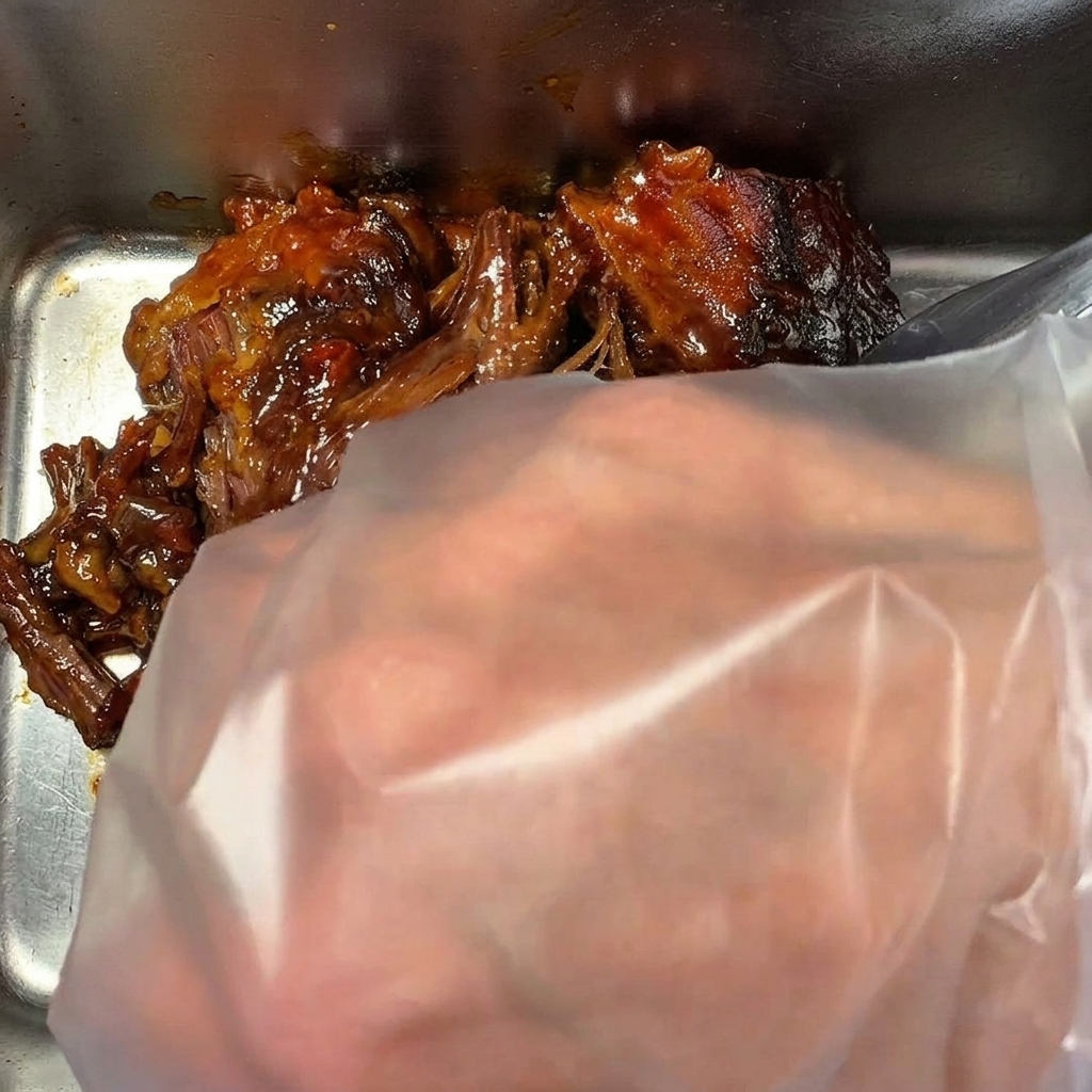 Gros plan de mains gantées effilochant un gros morceau de poitrine de bœuf cuite brun foncé.