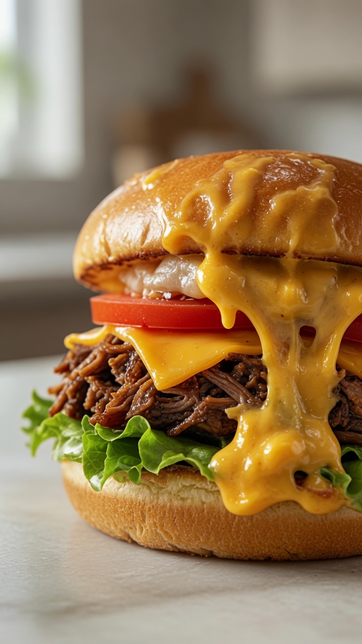 Burger au bœuf effiloché et sa lave de fromage