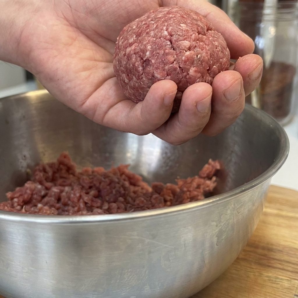 Une boule de 120g de bœuf haché en cours de façonnage entre les deux paumes.