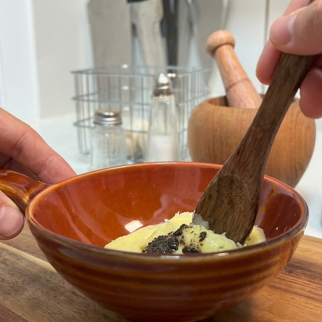 Mayonnaise, moutarde et sauce à la truffe mélangées dans un petit bol.