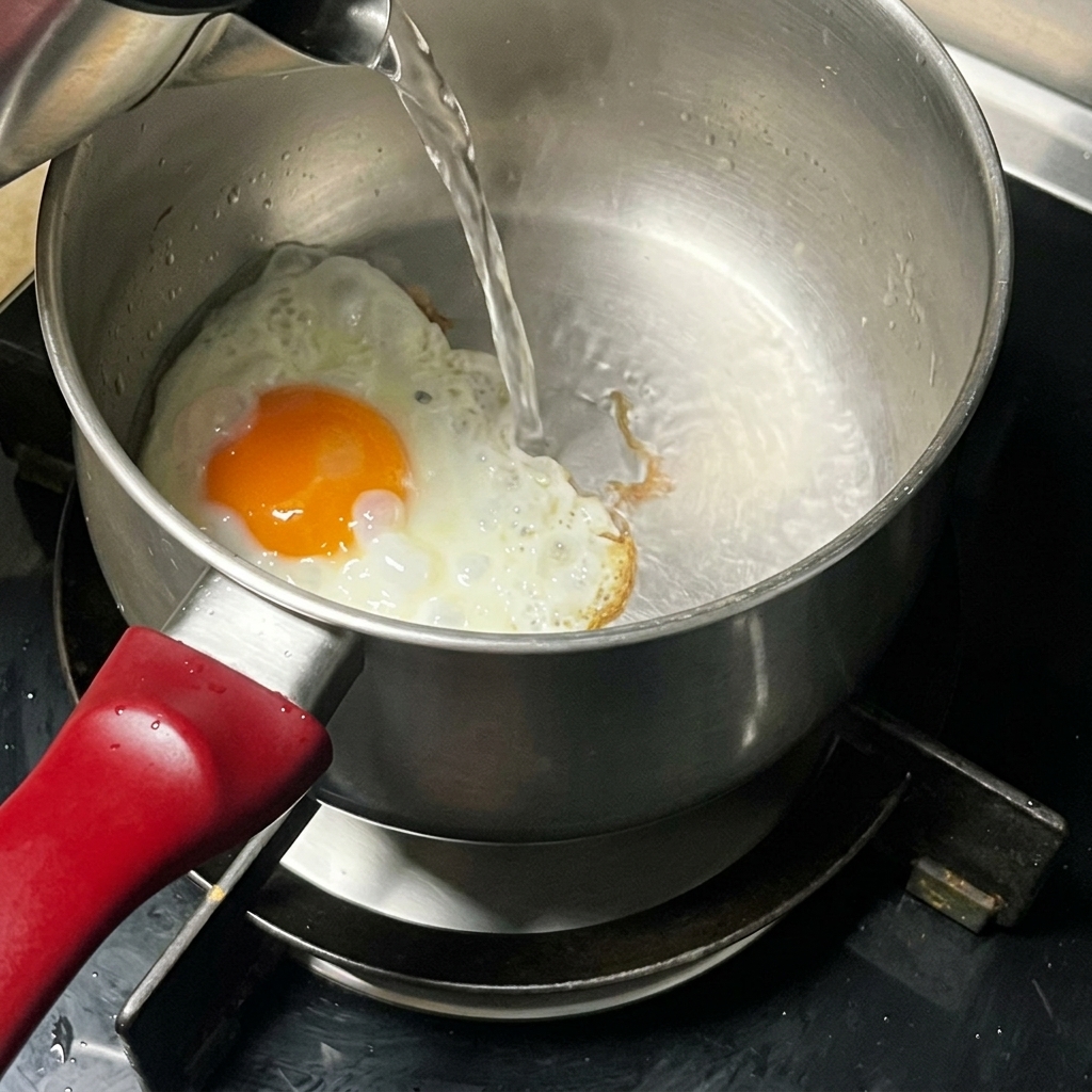De leau chaude versée depuis une bouilloire dans une casserole contenant un œuf partiellement cuit.