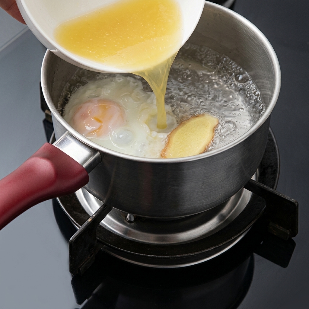 Reste de soupe au poulet versé depuis un bol dans la casserole bouillante avec un œuf et une tranche de gingembre.