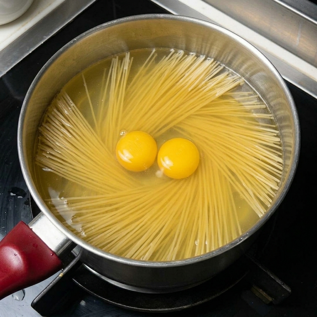 Nouilles sèches et tranches de jambon immergées dans la soupe au poulet bouillante.