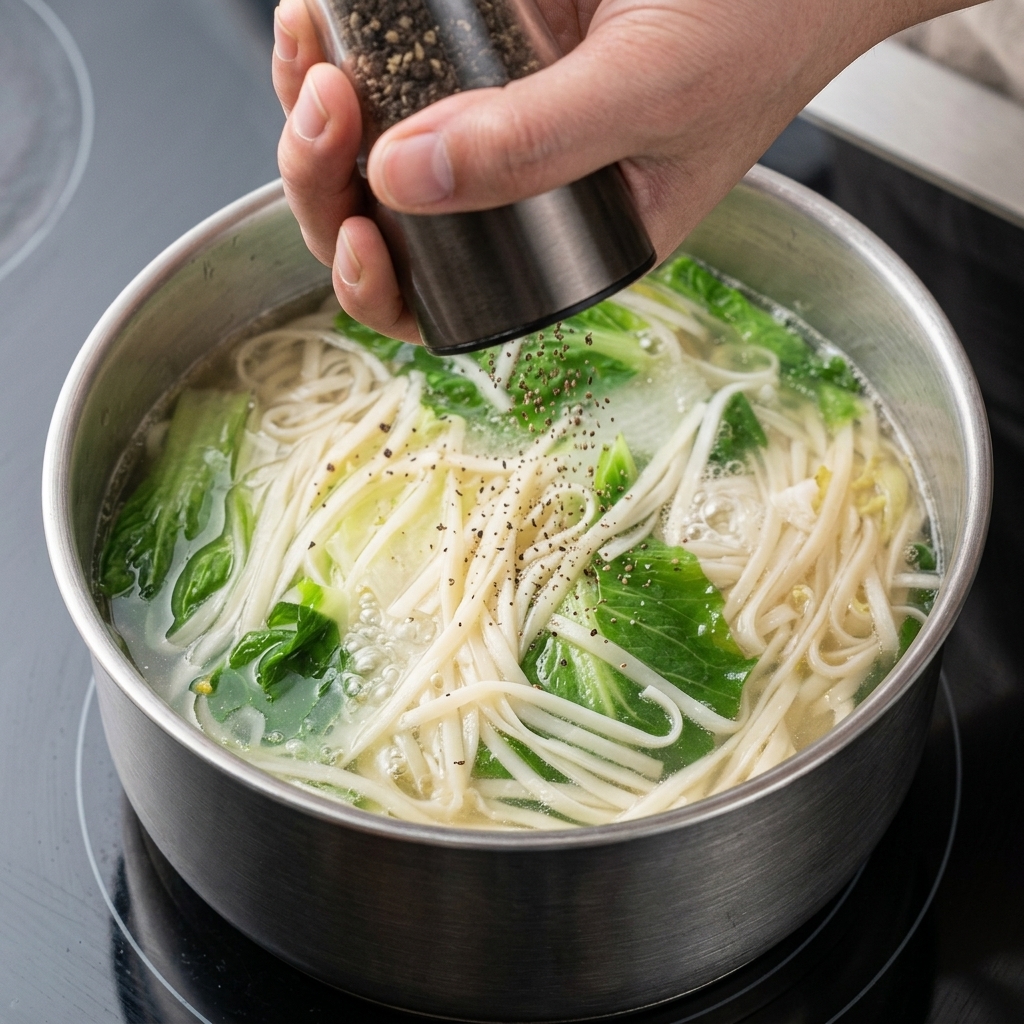 Poivre noir fraîchement moulu dans une casserole fumante de soupe de nouilles aux légumes.