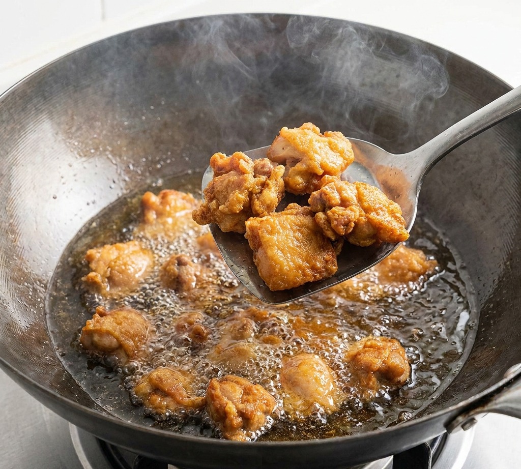 Morceaux de poulet en train de frire dans un wok chaud.