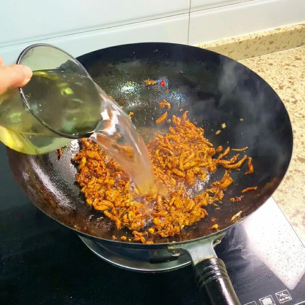 Eau versée dans le wok avec le mélange de poulet assaisonné.
