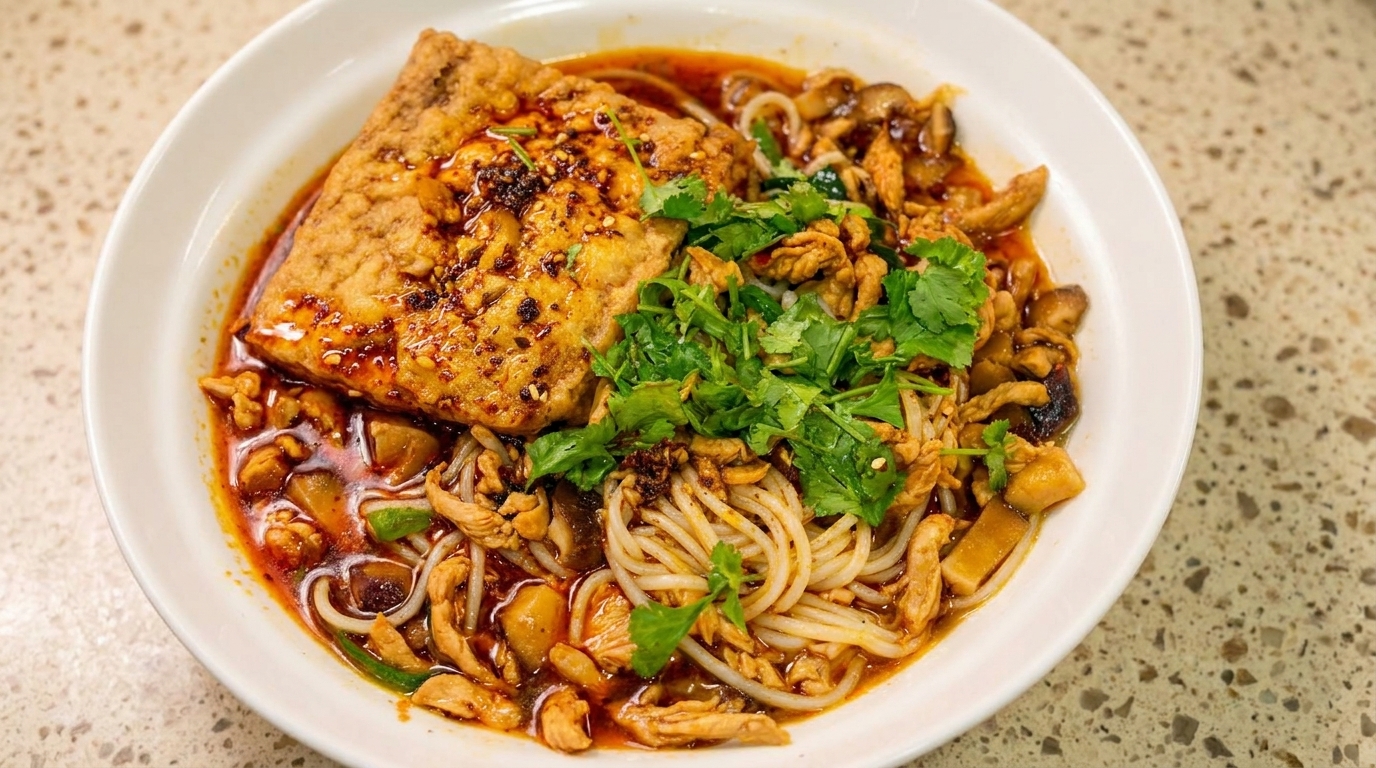 Nouilles au Poulet Épicé et Tofu Braisé