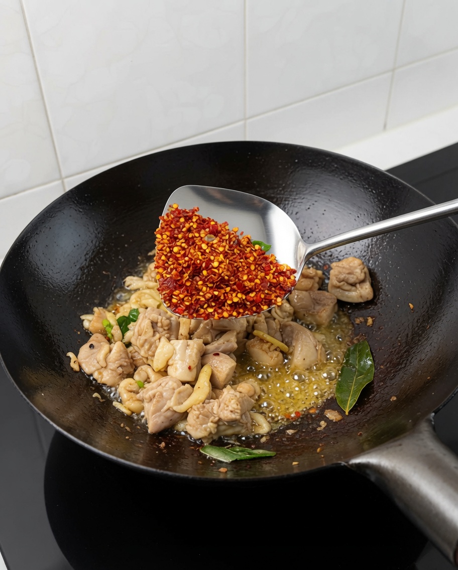Piments rouges broyés ajoutés au poulet et aux aromates.