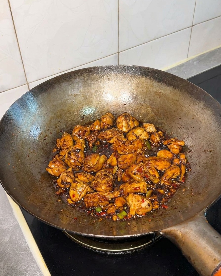 Poulet et sauce dans le wok après ajout des épices.